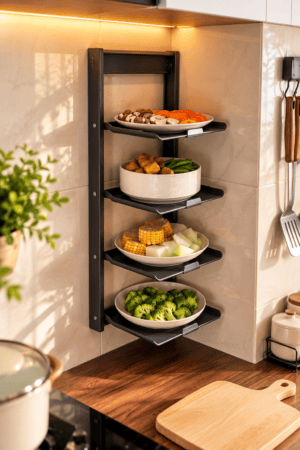 Black wall mounted four tier kitchen organizer holding vegetable bowls beside wooden countertops and warm lighting in a modern kitchen.