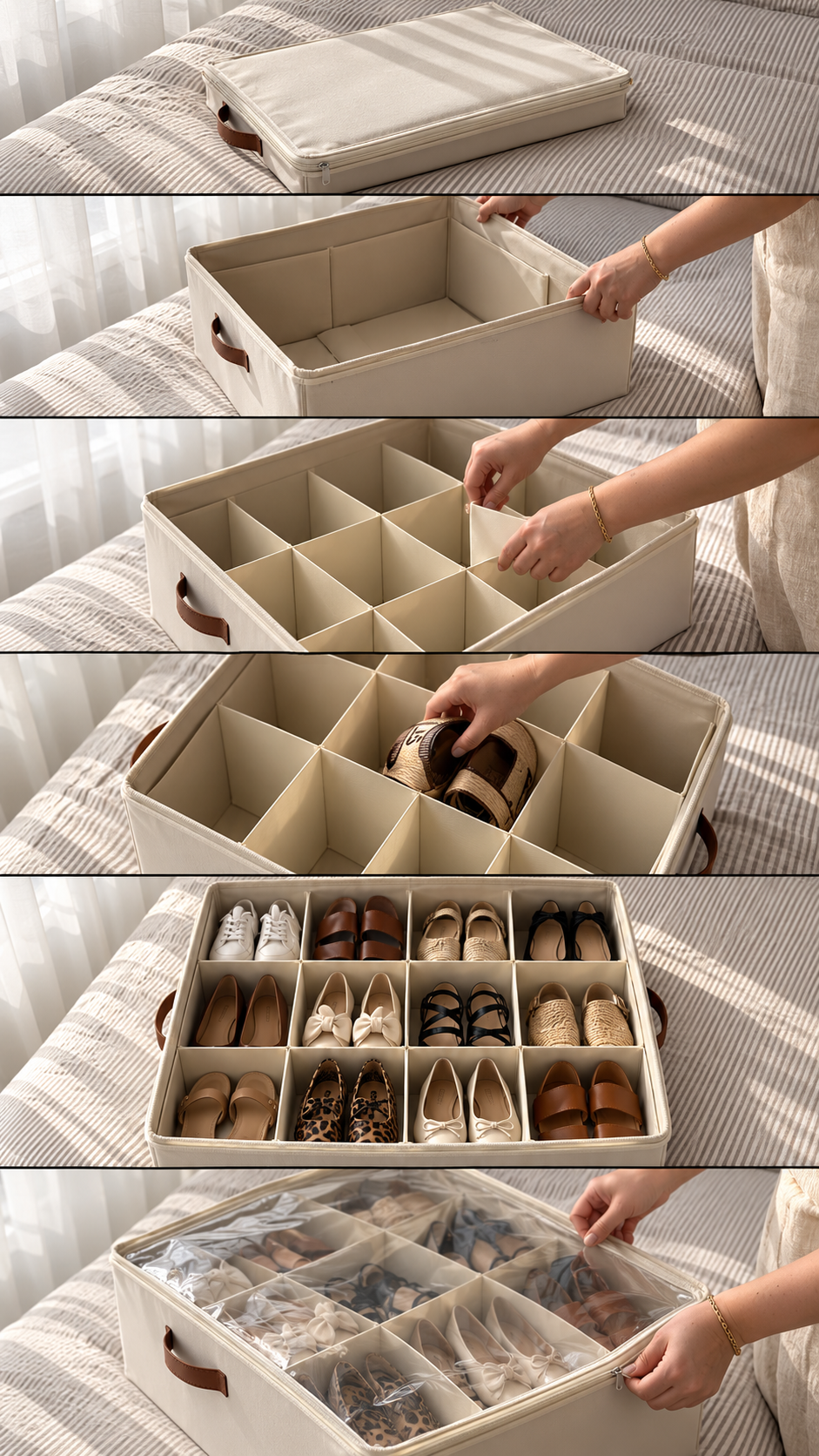 Beige foldable shoe storage organizer with twelve compartments, removable dividers, clear zippered lid and assorted shoes displayed on a bed.