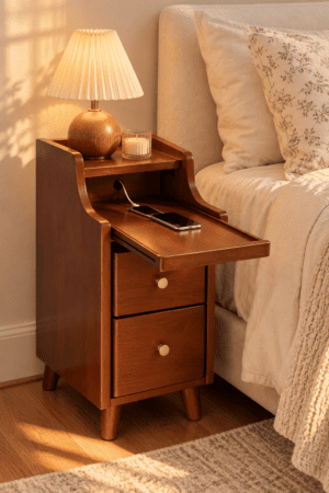 Walnut wooden nightstand with two drawers, pull-out tray, charging phone and pleated lamp beside a cream upholstered bedroom bed.