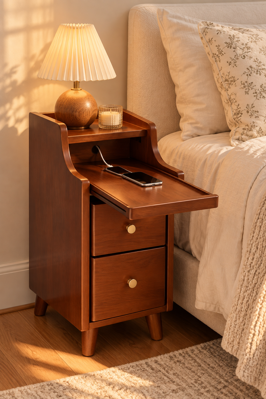 Walnut wooden nightstand with two drawers, pull-out tray, charging phone and pleated lamp beside a cream upholstered bedroom bed.