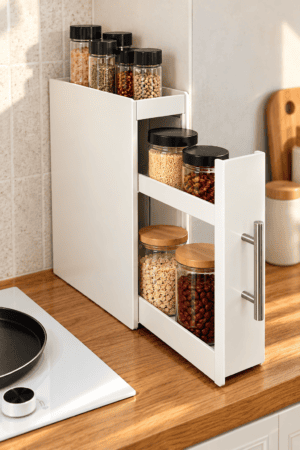 White three tier pull out kitchen spice rack holding glass seasoning jars and pantry containers on a wooden kitchen countertop.