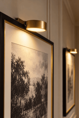 Modern brushed brass gold picture light mounted above black framed landscape artwork, casting warm downward illumination across a neutral wall.