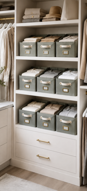 Sage green closet storage bins with cream pull handles and gold label holders, neatly arranged on white wardrobe shelves and filled with folded sweaters, shirts, clothing, and neutral wardrobe essentials.