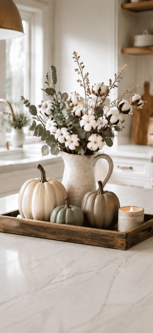 Cozy fall kitchen centerpiece decor featuring neutral cream, taupe, and sage pumpkins, cotton stems with eucalyptus in a ceramic pitcher, glowing candle, and rustic wooden tray styled on a bright kitchen island.