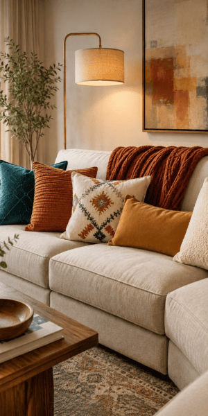 Cozy fall living room look featuring a cream sofa, rust and teal throw pillows, chunky burnt orange blanket, warm wood coffee table, vintage-style area rug, brass floor lamp, abstract wall art, and natural greenery.