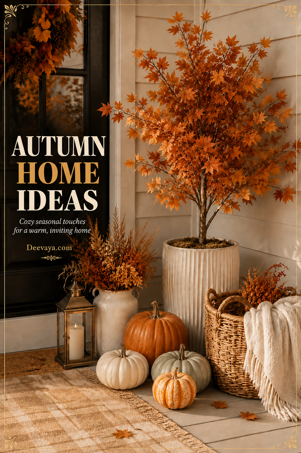 Autumn Home Ideas featuring orange foliage, pumpkins, a woven basket, white knit throw, candle lantern, and cozy neutral entryway décor.