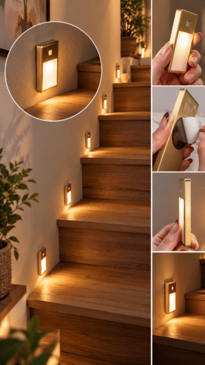 Gold rectangular LED stair lights illuminating wooden steps with warm white lighting, featuring close-up views of their magnetic mounting design.