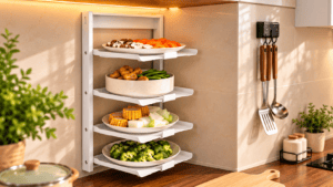 White wall mounted four tier kitchen organizer holding vegetable plates beside wooden countertops and warm lighting in a modern kitchen.