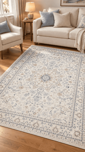 Ivory blue distressed floral area rug with traditional botanical patterns styled beneath cream upholstered furniture in a cozy neutral living room.