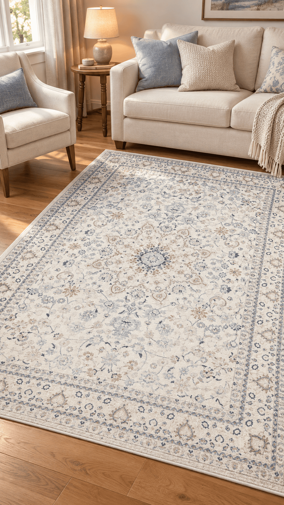 Ivory blue distressed floral area rug with traditional botanical patterns styled beneath cream upholstered furniture in a cozy neutral living room.
