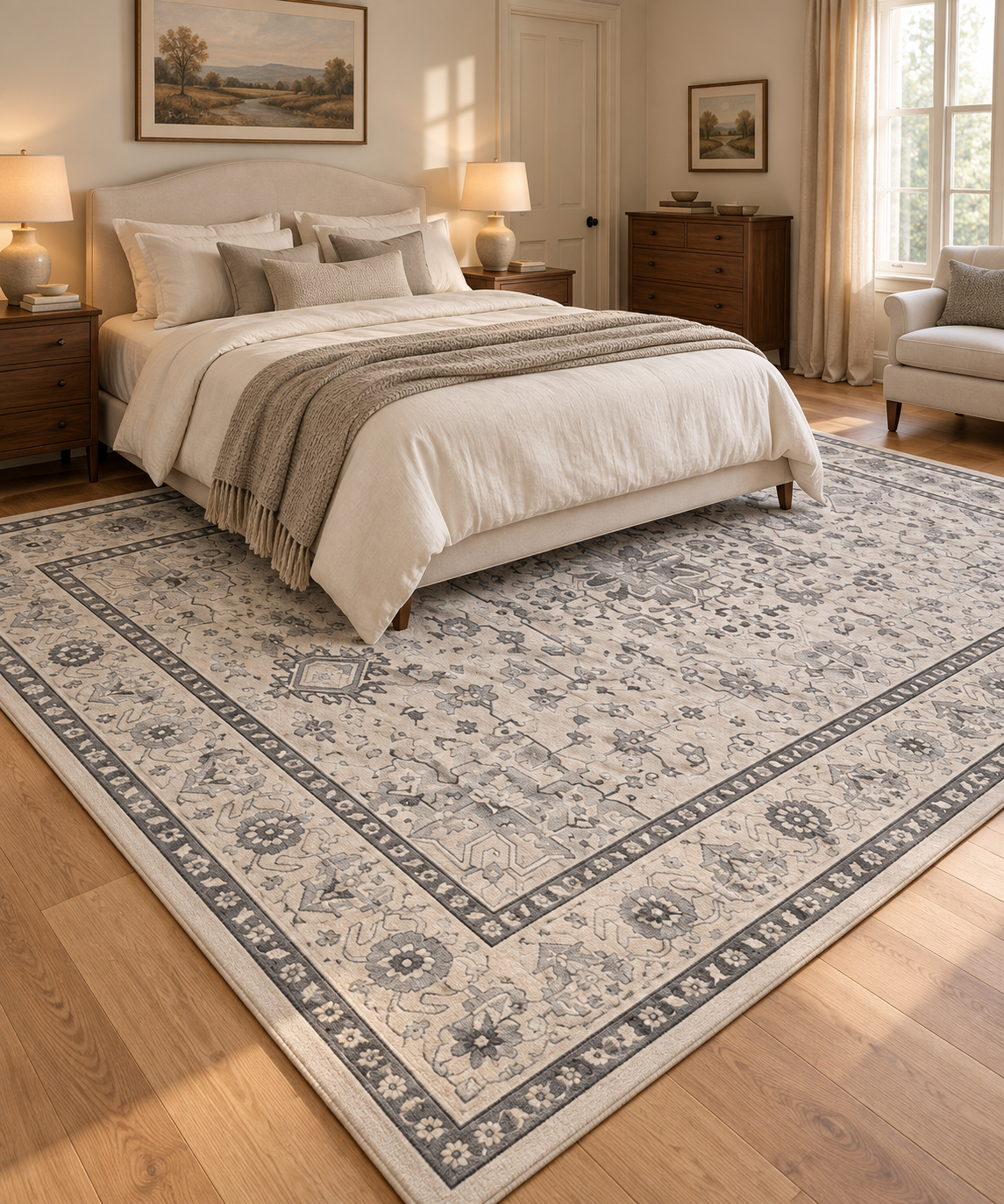 Ivory and gray vintage floral area rug beneath a cream upholstered bed in a cozy bedroom with warm wood furniture.