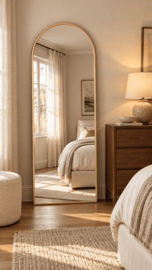 Gold arched full length floor mirror leaning against a neutral bedroom wall beside a wooden dresser and cream upholstered furniture.