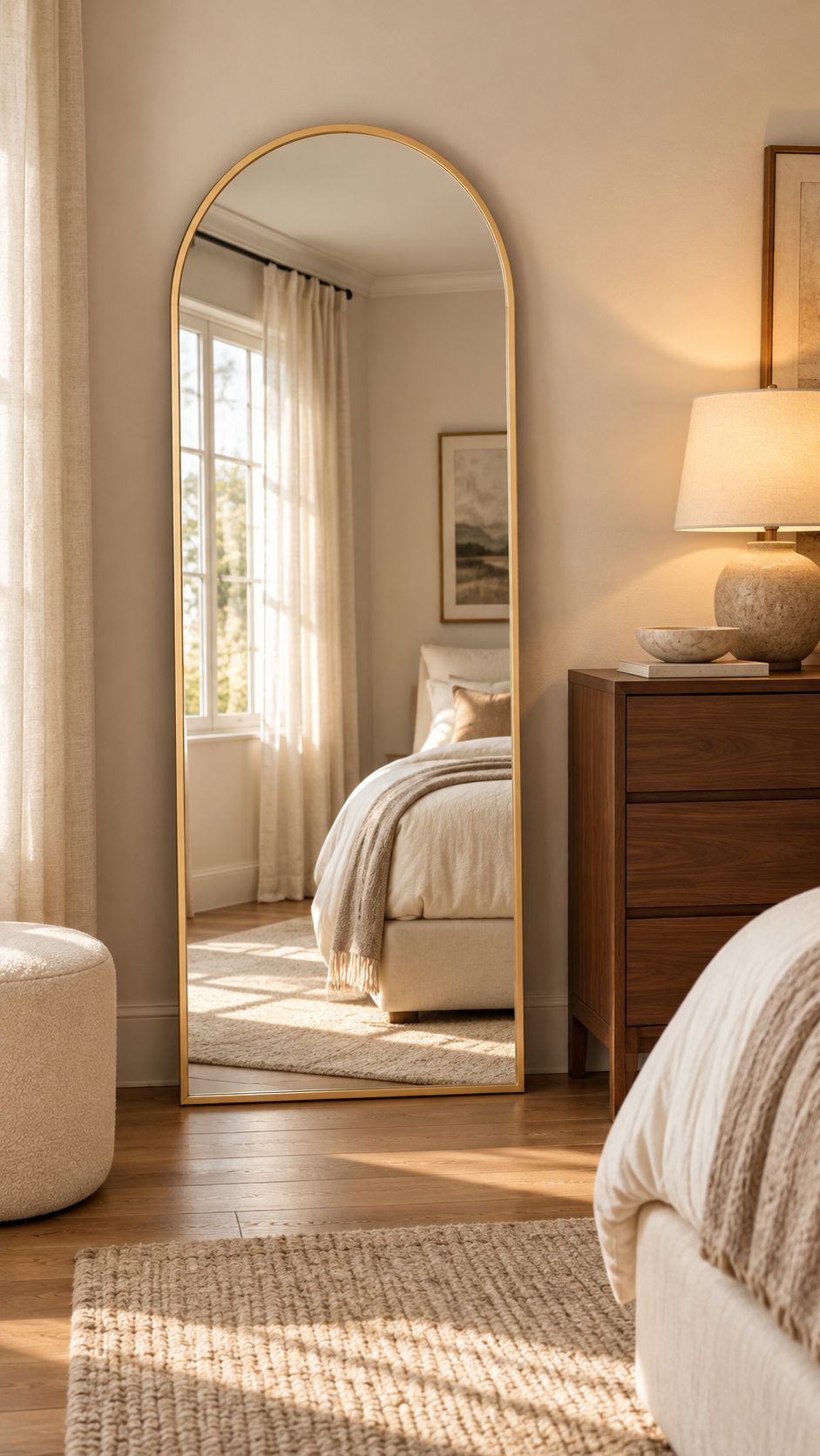 Gold arched full length floor mirror leaning against a neutral bedroom wall beside a wooden dresser and cream upholstered furniture.