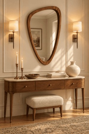 Irregular walnut wood framed wall mirror above a wooden console table with brass sconces and neutral decor in an entryway.