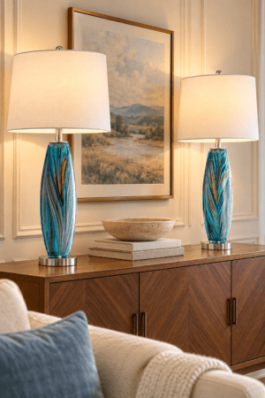 Two blue art glass table lamps with white drum shades displayed on a wooden sideboard beneath framed landscape wall art.