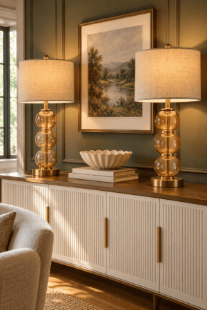 Two amber glass table lamps with gold bases and cream drum shades on a wooden sideboard beneath framed landscape artwork.