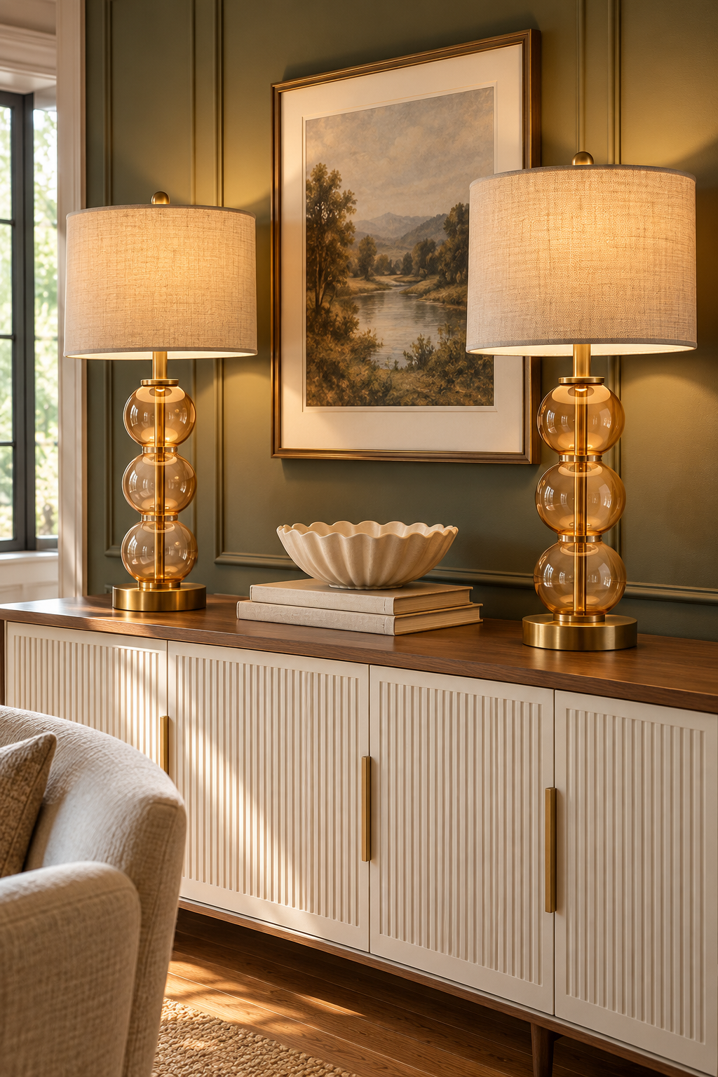 Two amber glass table lamps with gold bases and cream drum shades on a wooden sideboard beneath framed landscape artwork.