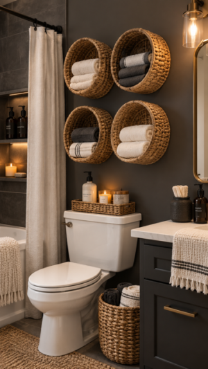 Cozy black bathroom featuring wall mounted woven storage baskets, rolled neutral towels, woven hamper, amber soap dispensers, warm lighting and stylish bathroom organization ideas.