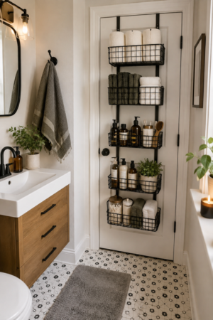 Small modern bathroom with black over-the-door wire storage baskets holding toilet paper rolls, gray and white folded towels, shampoo and lotion bottles, soap dispensers, bathroom jars, grooming accessories, and potted greenery beside a natural wood vanity with matte black fixtures.