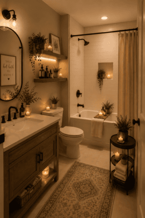 Warm cozy bathroom featuring natural wood vanity, white sink countertop, matte black faucet and shower fixtures, wooden floating shelves, glowing candles, amber bath bottles, green plants, neutral shower curtain, bathtub tray, woven storage baskets, patterned runner rug, and round black towel storage stand.