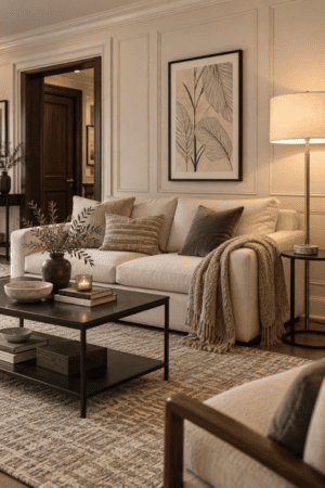 Cozy neutral living room with cream upholstered sofa, black coffee table, brass floor lamp, beige area rug, botanical wall art and textured throw blanket.