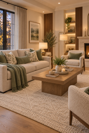 Warm neutral living room with a cream sofa, sage botanical pillows, wooden coffee table, boucle accent chairs, fireplace, and textured area rug.