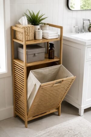 Space-saving bamboo bathroom organizer with shelves and tilt-out laundry hamper