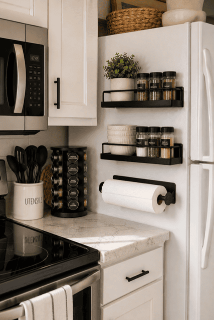 Black magnetic refrigerator shelves organizing labeled spice jars, bowls, and a paper-towel roll