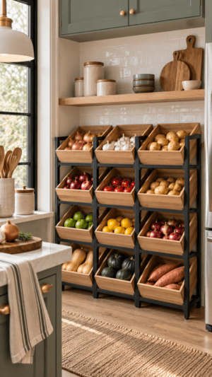Modern sage green kitchen featuring a tall black metal and natural wood produce storage organizer with individual bins holding onions, garlic, potatoes, tomatoes, lemons, green apples, squash, and other vegetables, styled with ceramic canisters, wood cutting boards, brass hardware, open shelving, and neutral textiles.