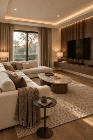 Warm neutral living room featuring an oval marble-top wood coffee table, cream sectional sofa, textured area rug, table lamps, and modern wood TV console.