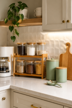 Cozy sage green kitchen organization with glass storage jars and wooden accents