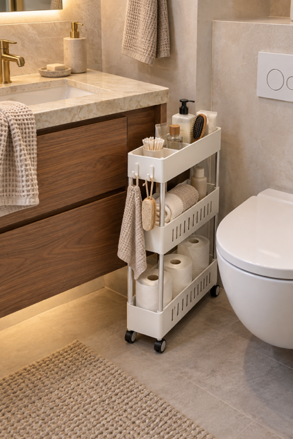 Slim 3-tier rolling bathroom storage cart with wheels organizing toilet paper, rolled towels, toiletries, cotton swabs and grooming essentials beside a wood vanity.