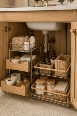 Organized bathroom vanity cabinet under sink featuring wood pull-out drawers, metal wire storage baskets, woven organizers, rolled hand towels, soap and lotion pump bottles, cleaning sprays, toilet paper rolls, clear jars with cotton balls and cotton swabs, washcloths, brushes, toiletries, and natural wood storage accessories.