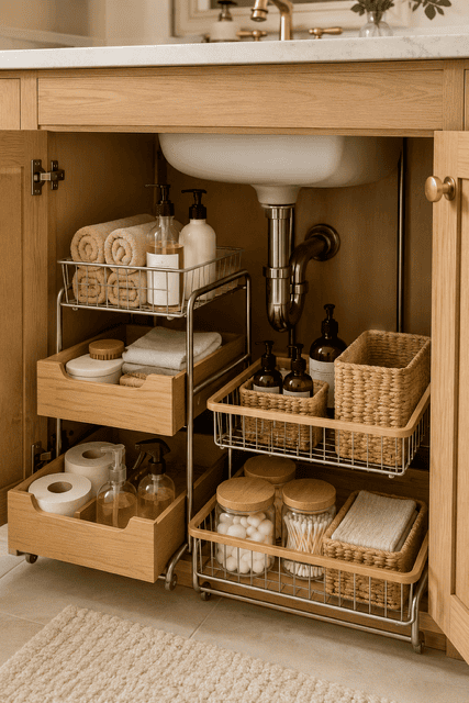 Bathroom vanity cabinet organized around plumbing with pull-out wood drawers, black wire trays, towels, bottles, and toilet paper.