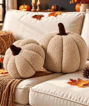 Cozy cream sherpa pumpkin pillows styled on neutral sofa with warm woven throw, autumn leaves, pinecones, candles and orange pumpkin decorations for fall home decor.