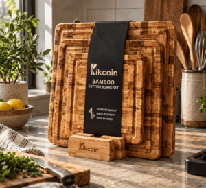 Kikcoin bamboo cutting board set with multiple sized boards and matching wooden storage stand displayed on a warm kitchen countertop.