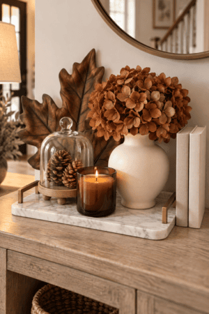Warm entryway console styled with rust hydrangeas, wooden leaves, pinecones under glass, an amber candle, neutral books, and a marble tray beneath a round framed mirror for autumn warmth indoors.