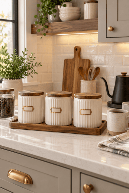 Amazon Kitchen Finds cream ribbed ceramic canisters with wooden lids and brass labels on a countertop tray