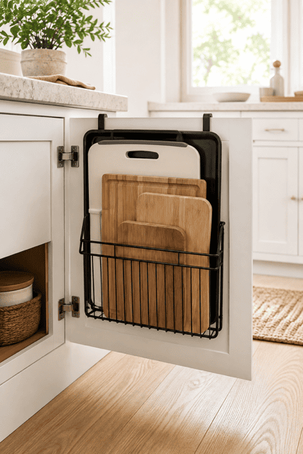 Black over-the-cabinet-door rack organizing wooden cutting boards and baking trays in a white kitchen
