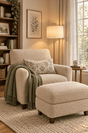 Cream bouclé reading chair with matching ottoman, sage knitted throw, botanical lumbar pillow, brass floor lamp, and wooden side table near a window.