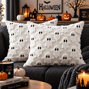 Cozy white tufted ghost Halloween pillows styled on charcoal sofa with pumpkins, candles, chunky knit blanket and warm spooky season living room decor.