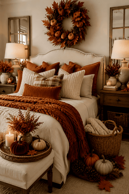 Inviting autumn home ideas for a bedroom with rust pillows, chunky knit blankets, woven baskets, pumpkins, candles, and a fall wreath.