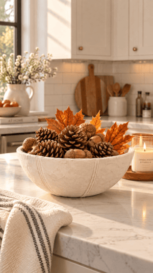 Fall pinecone bowl centerpiece with natural pinecones, acorns and orange autumn leaves displayed on a white kitchen island beside a candle in a cozy neutral fall kitchen.