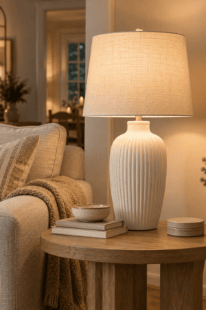 Tall ivory ceramic table lamp with vertical fluting and a natural linen drum shade displayed on a round wooden living-room side table.