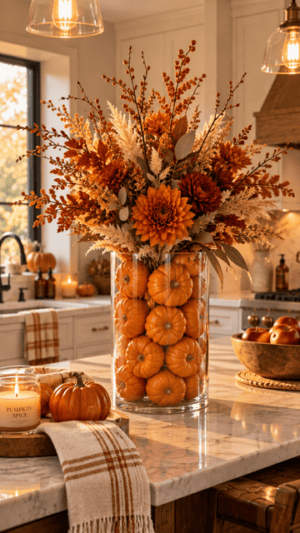 Tall glass vase filled with mini orange pumpkins and autumn floral stems with orange flowers, berries and fall leaves styled as a cozy fall kitchen island centerpiece.