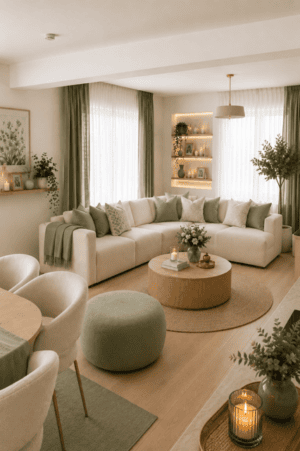 Cozy sage green and cream living room featuring a large cream sectional sofa with green and patterned throw pillows, round fluted wood coffee table, natural textured area rug, sage green ottoman, cream accent chairs, green curtains with white sheers, floating shelves, botanical wall art, candles, ceramic vases, plants, flowers, and warm ambient lighting.