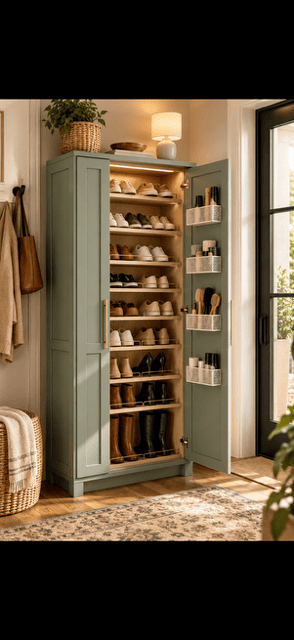 Warm modern entryway featuring a tall sage green shoe storage cabinet with multiple illuminated shelves holding sneakers, flats, heels, ankle boots and tall boots, plus door-mounted organizer baskets with shoe-care supplies, styled with brass handles, woven basket, neutral throw blanket, leather tote, greenery, table lamp, and patterned runner rug.