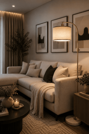 Warm cozy living room with beige sectional sofa, arched floor lamp, dark round coffee table, neutral pillows, textured throw blanket, wood side cabinet and woven rug.