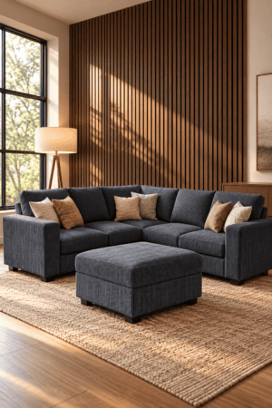 Charcoal sectional couch with ribbed upholstery and matching ottoman sits against wood slats with cream pillows and a floor lamp.