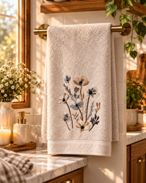 Neutral floral kitchen towel featuring elegant wildflower botanical details displayed on a brass towel bar in a warm cozy kitchen.